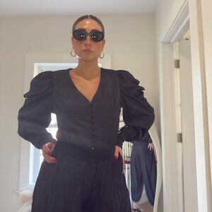 Weihli Zang puff long sleeve woven black blouse